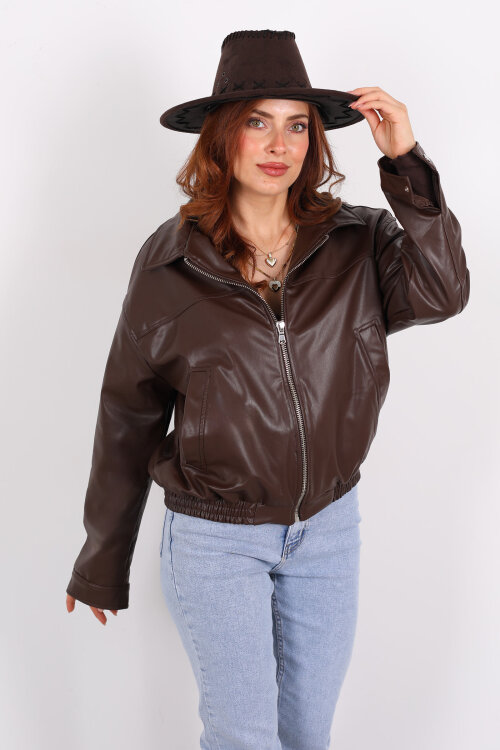 Fermuarlı Lastikli Acı Kahve Kadın Deri Mont - 6