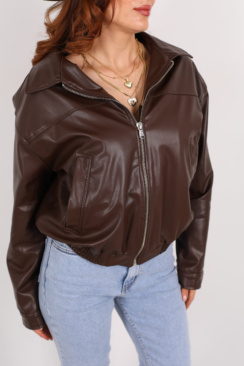 Fermuarlı Lastikli Acı Kahve Kadın Deri Mont - 2