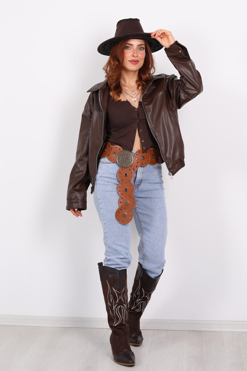 Fermuarlı Lastikli Acı Kahve Kadın Deri Mont - 4