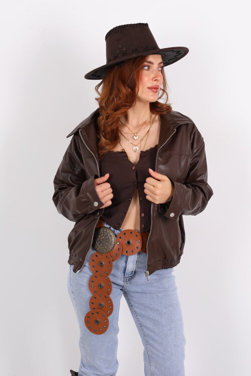 Fermuarlı Lastikli Acı Kahve Kadın Deri Mont - Berox