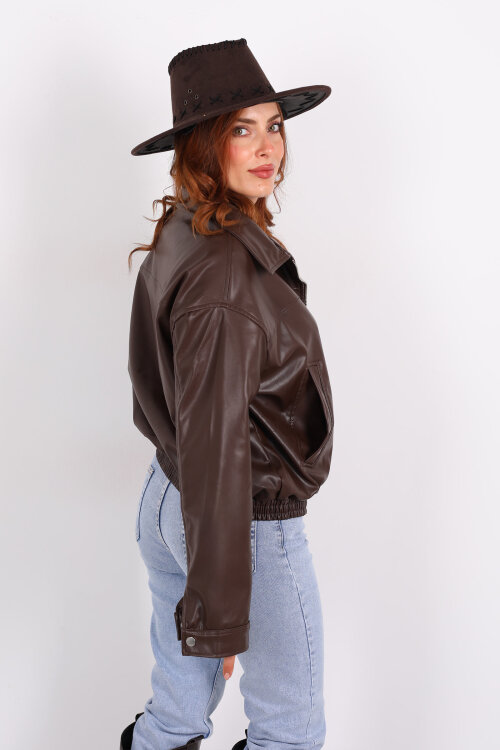 Fermuarlı Lastikli Acı Kahve Kadın Deri Mont - 7