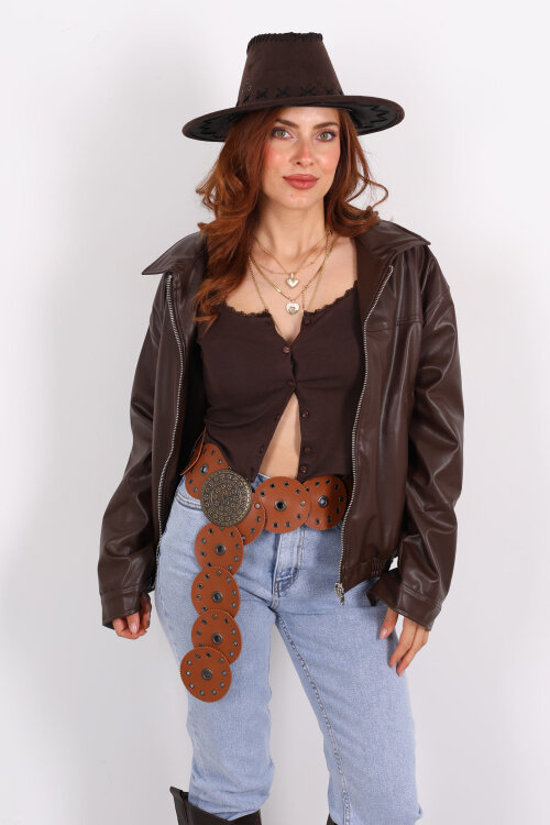 Fermuarlı Lastikli Acı Kahve Kadın Deri Mont - 5