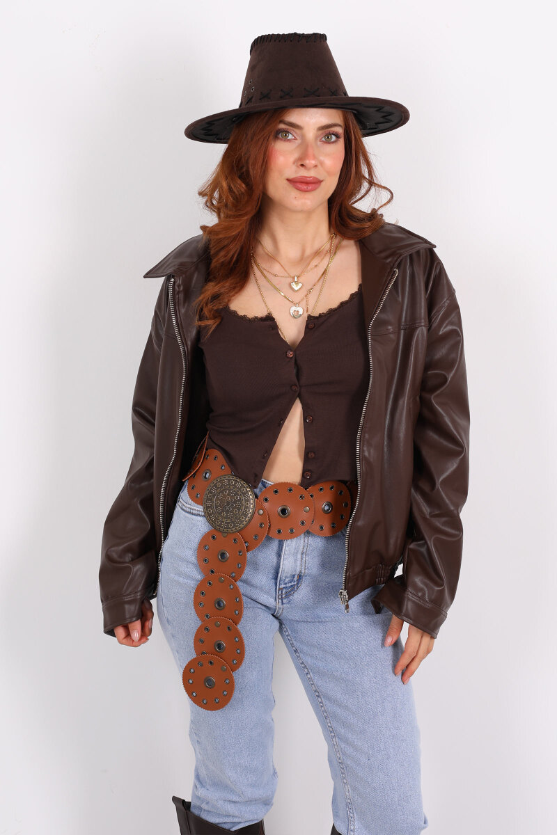 Fermuarlı Lastikli Acı Kahve Kadın Deri Mont - 5