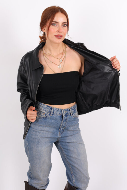 Fermuarlı Lastikli Siyah Kadın Deri Mont - 3