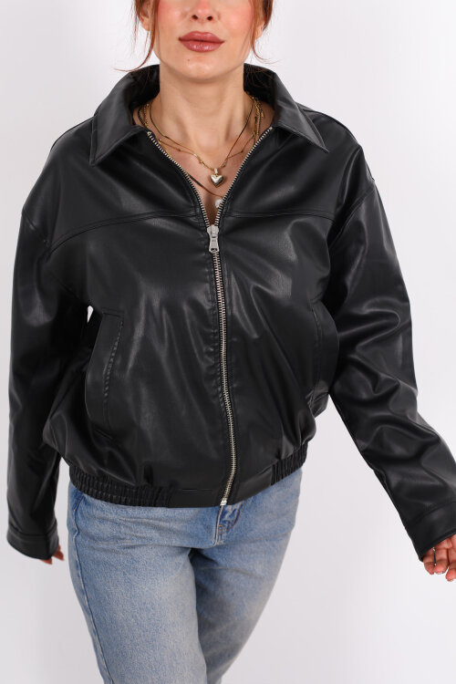 Fermuarlı Lastikli Siyah Kadın Deri Mont - Berox (1)