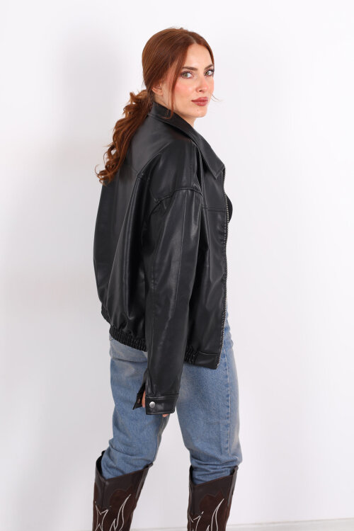 Fermuarlı Lastikli Siyah Kadın Deri Mont - 6