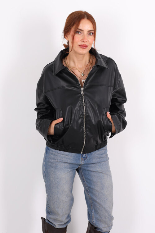 Fermuarlı Lastikli Siyah Kadın Deri Mont - 4