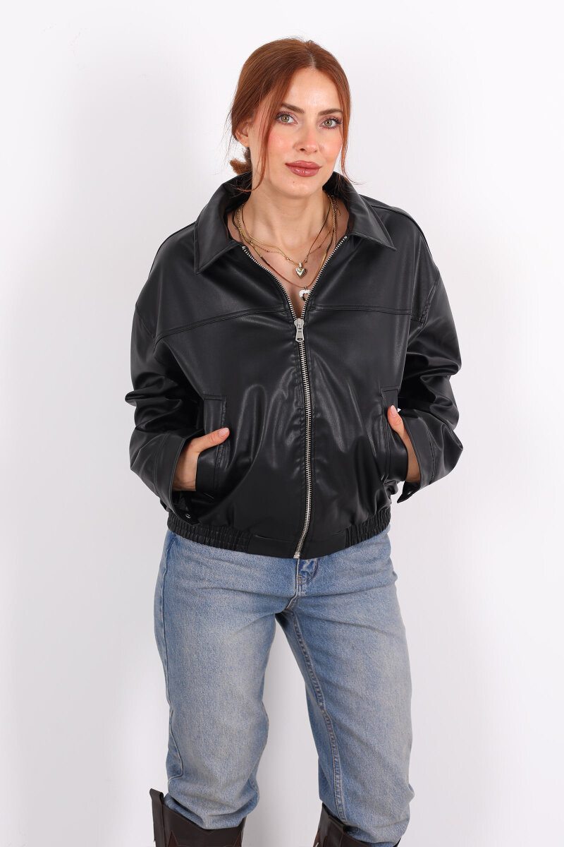 Fermuarlı Lastikli Siyah Kadın Deri Mont - 4