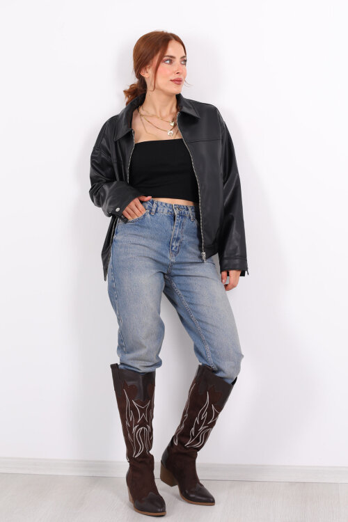 Fermuarlı Lastikli Siyah Kadın Deri Mont - Berox