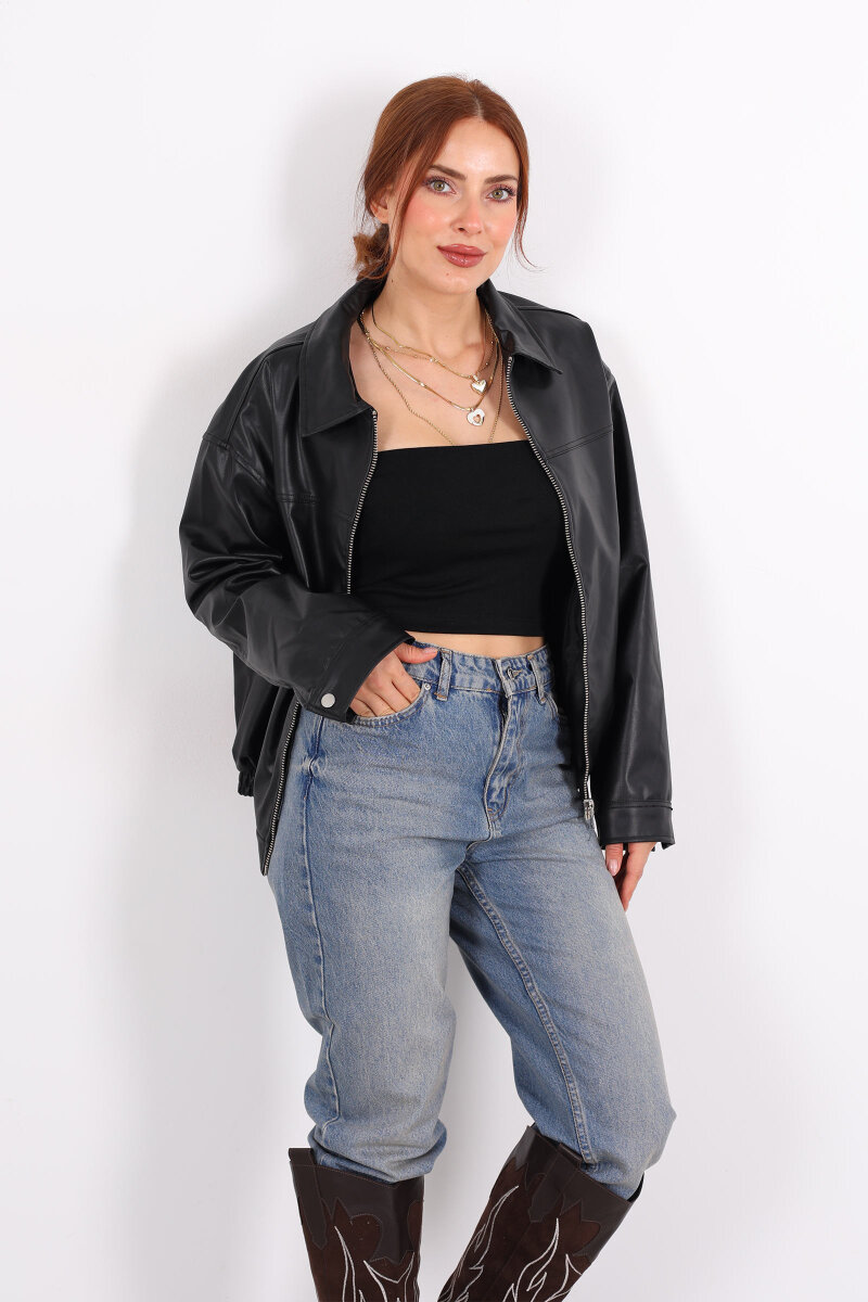 Fermuarlı Lastikli Siyah Kadın Deri Mont - 5