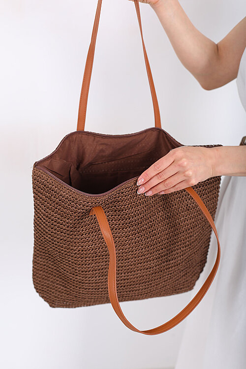 Fermuarlı Örme Kahverengi Hasır Omuz Çantası - Berox (1)