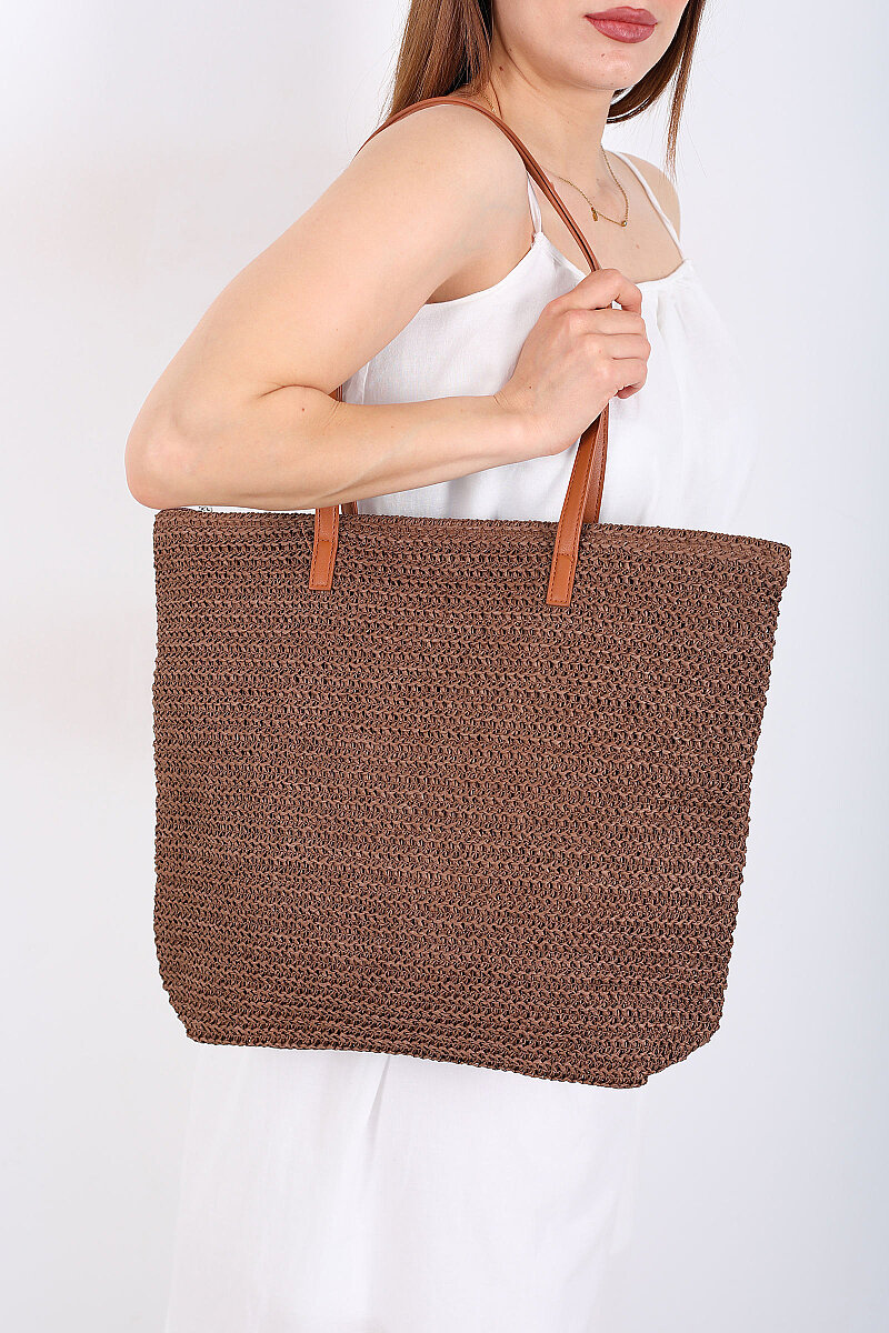 Fermuarlı Örme Kahverengi Hasır Omuz Çantası - 5