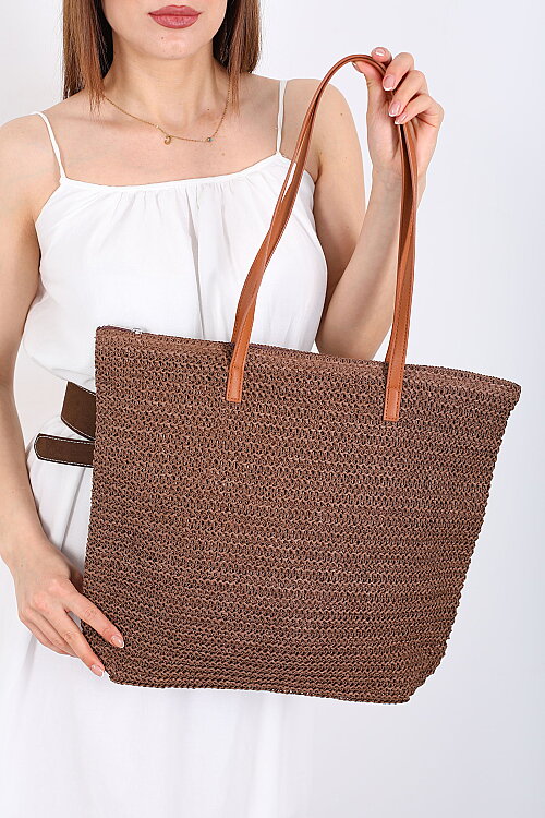 Fermuarlı Örme Kahverengi Hasır Omuz Çantası - 4