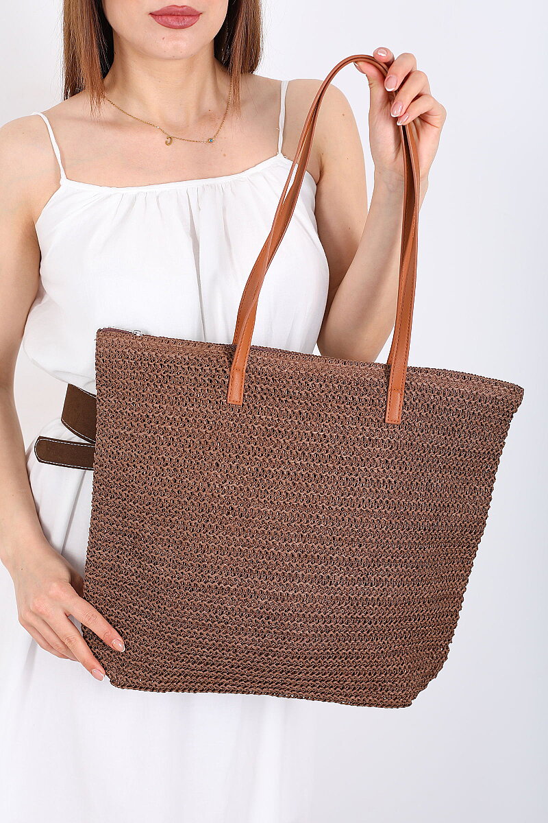 Fermuarlı Örme Kahverengi Hasır Omuz Çantası - 4