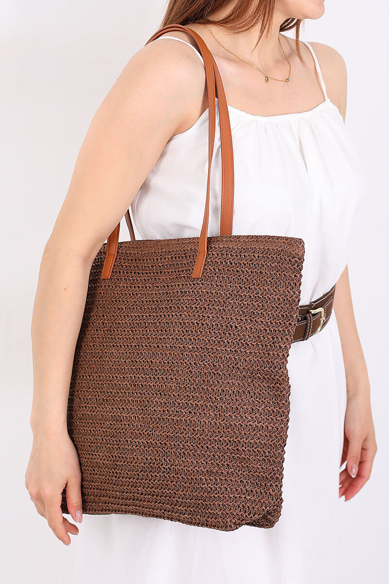 Fermuarlı Örme Kahverengi Hasır Omuz Çantası - 1