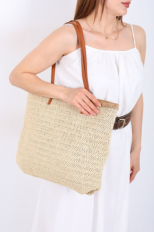 Fermuarlı Örme Krem Hasır Omuz Çantası - 3
