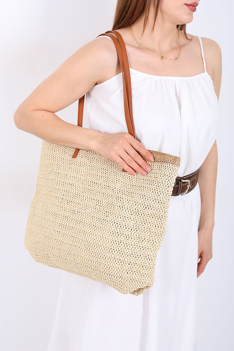 Fermuarlı Örme Krem Hasır Omuz Çantası - 3
