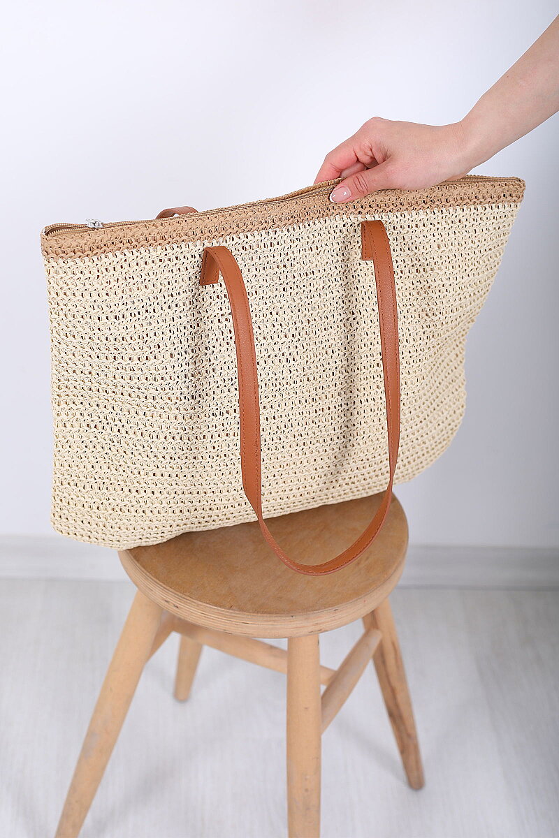 Fermuarlı Örme Krem Hasır Omuz Çantası - 2