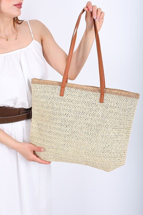 Fermuarlı Örme Krem Hasır Omuz Çantası - 4