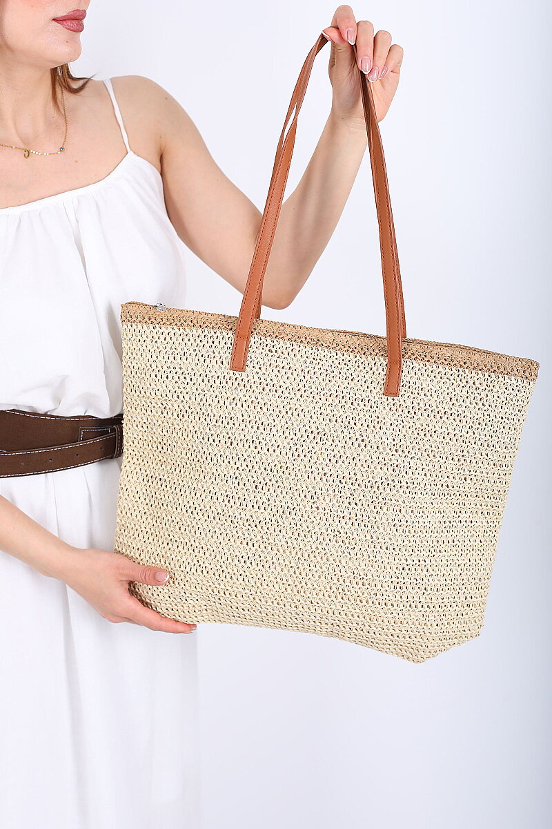 Fermuarlı Örme Krem Hasır Omuz Çantası - 4