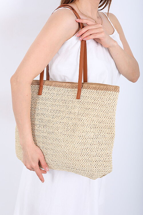 Fermuarlı Örme Krem Hasır Omuz Çantası - Berox