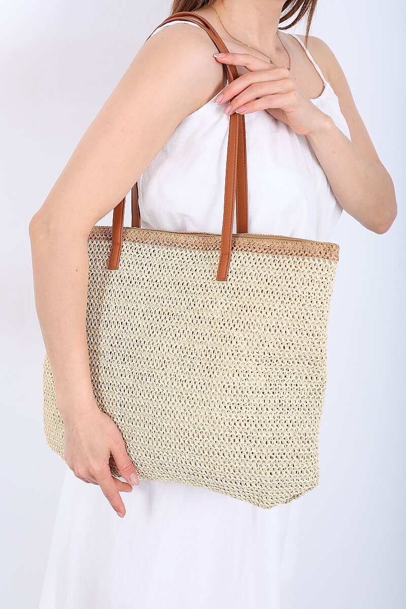 Fermuarlı Örme Krem Hasır Omuz Çantası - 1