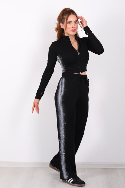 Fermuarlı Parmak Geçirmeli Siyah Kadın Taşlı Takım - 4