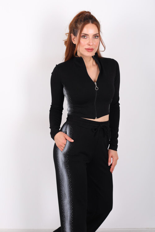 Fermuarlı Parmak Geçirmeli Siyah Kadın Taşlı Takım - 3