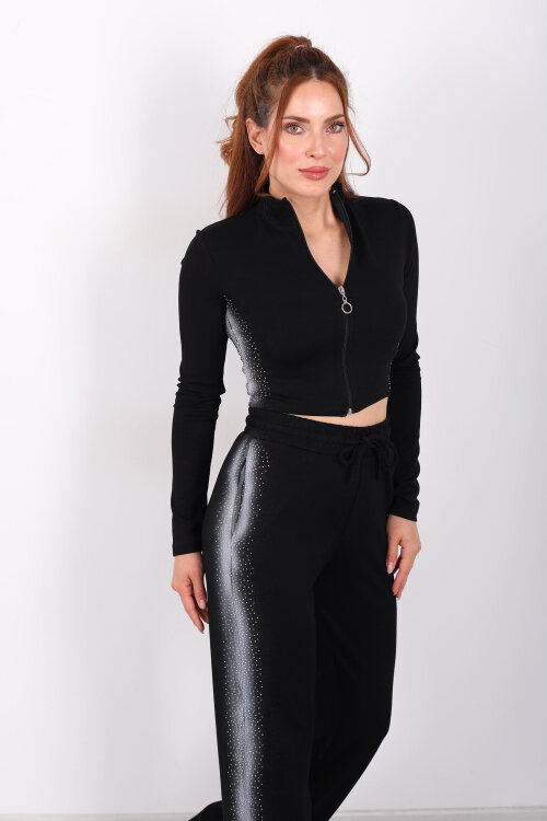 Fermuarlı Parmak Geçirmeli Siyah Kadın Taşlı Takım - 5