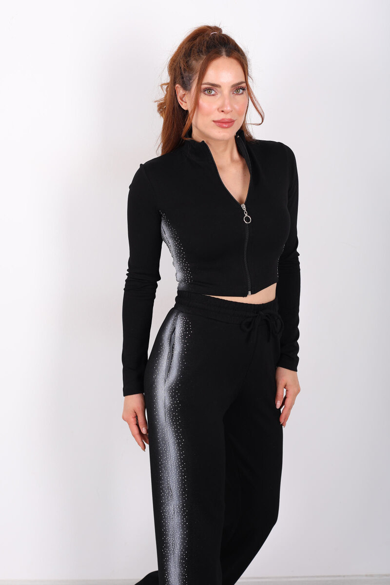 Fermuarlı Parmak Geçirmeli Siyah Kadın Taşlı Takım - 5
