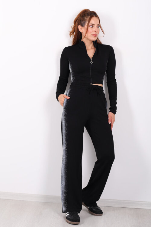 Fermuarlı Parmak Geçirmeli Siyah Kadın Taşlı Takım - Berox