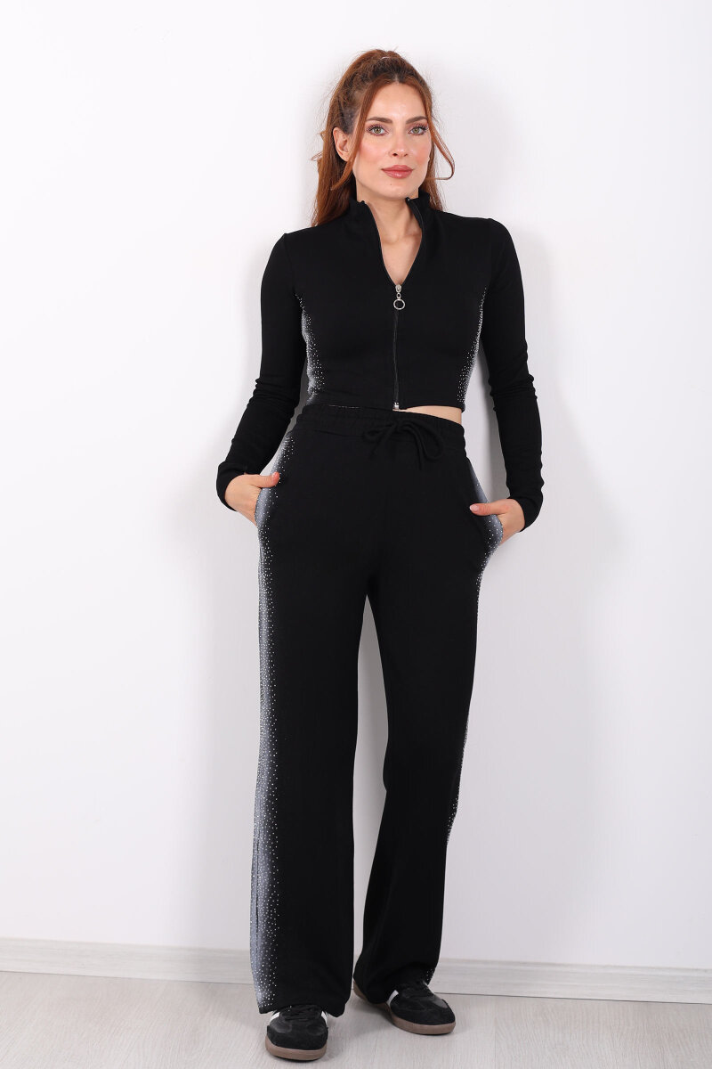 Fermuarlı Parmak Geçirmeli Siyah Kadın Taşlı Takım - 8