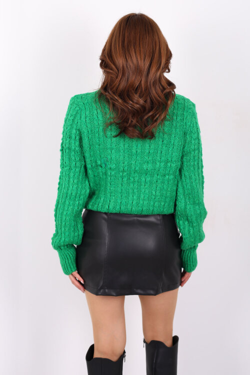 Fermuarlı Saç Örgülü Kadın Yeşil Triko Kazak - 5
