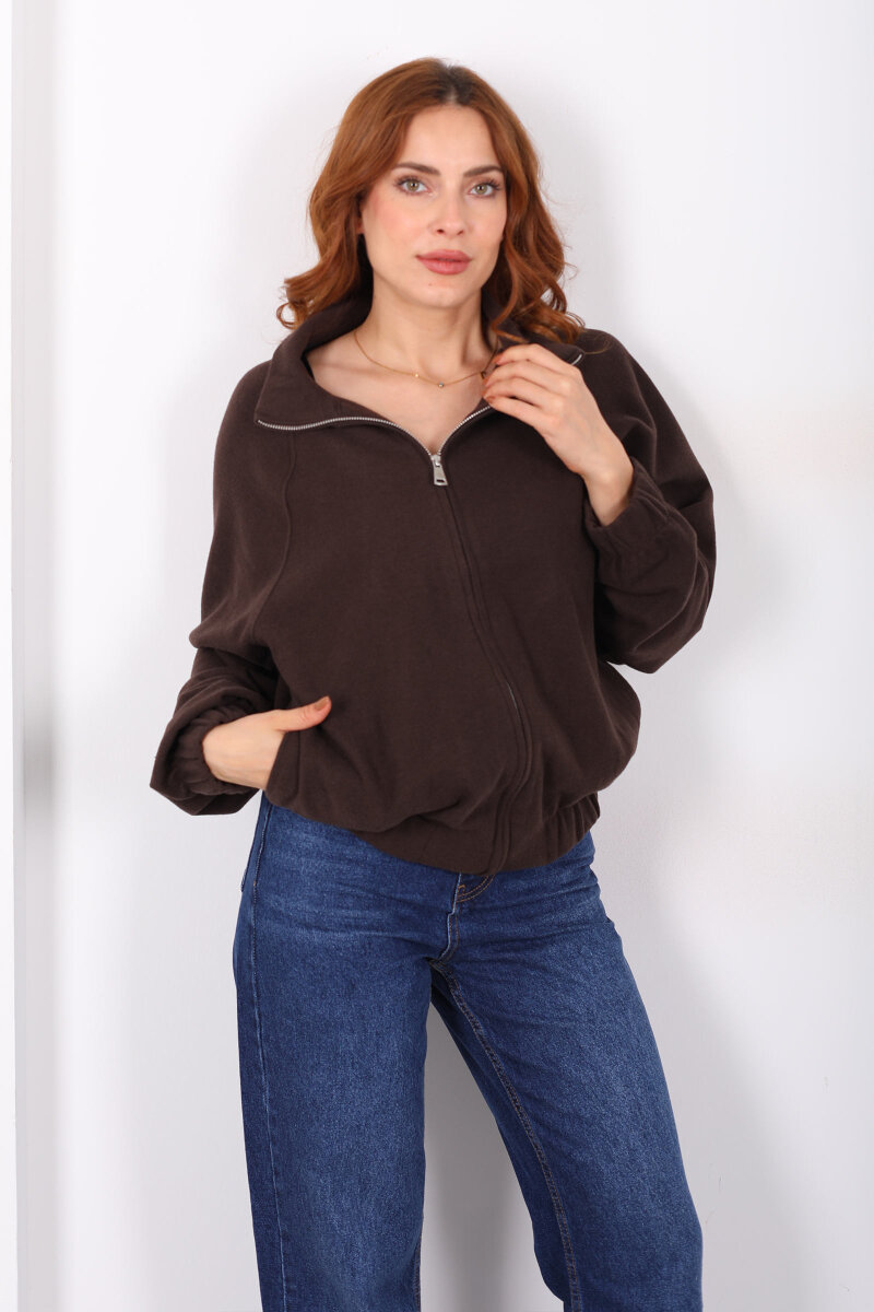 Fermuarlı Selanik Acı Kahve Kadın Sweat - 1