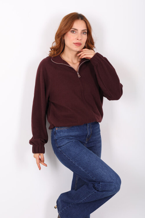 Fermuarlı Selanik Mürdüm Kadın Sweat - Berox