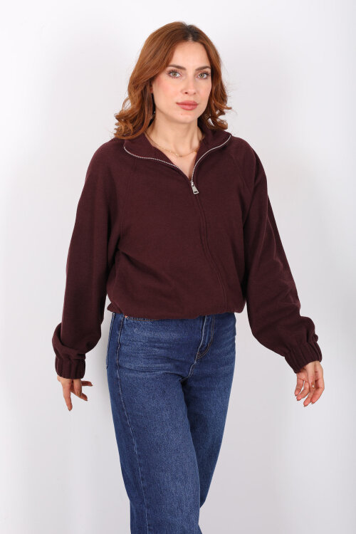 Fermuarlı Selanik Mürdüm Kadın Sweat - 4