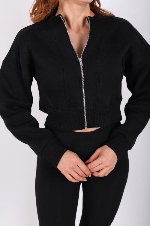 Fermuarlı Siyah Kadın Parçalı Sweat - Berox (1)