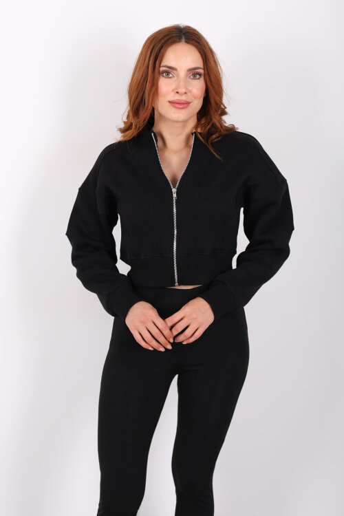 Fermuarlı Siyah Kadın Parçalı Sweat - Berox