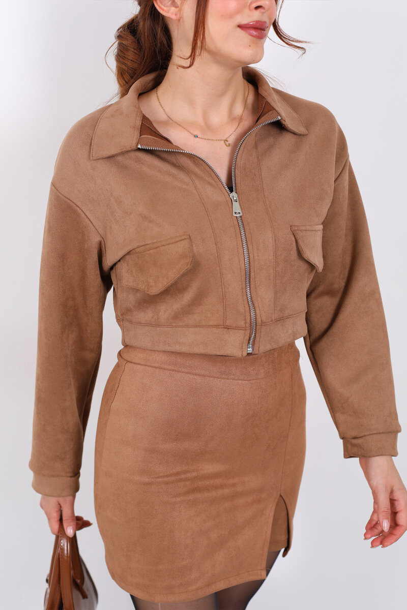 Fermuarlı Süet Camel Kadın Ceket - 2