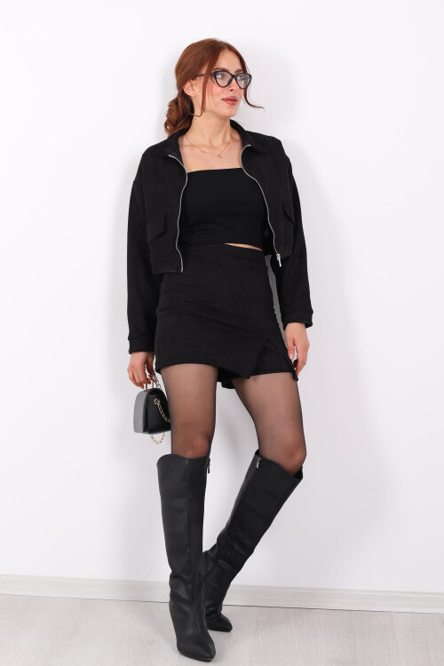 Fermuarlı Süet Siyah Kadın Ceket - 4