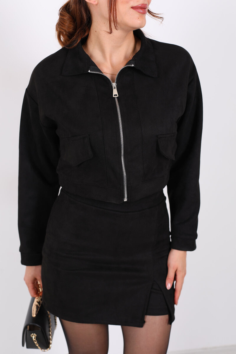 Fermuarlı Süet Siyah Kadın Ceket - 2