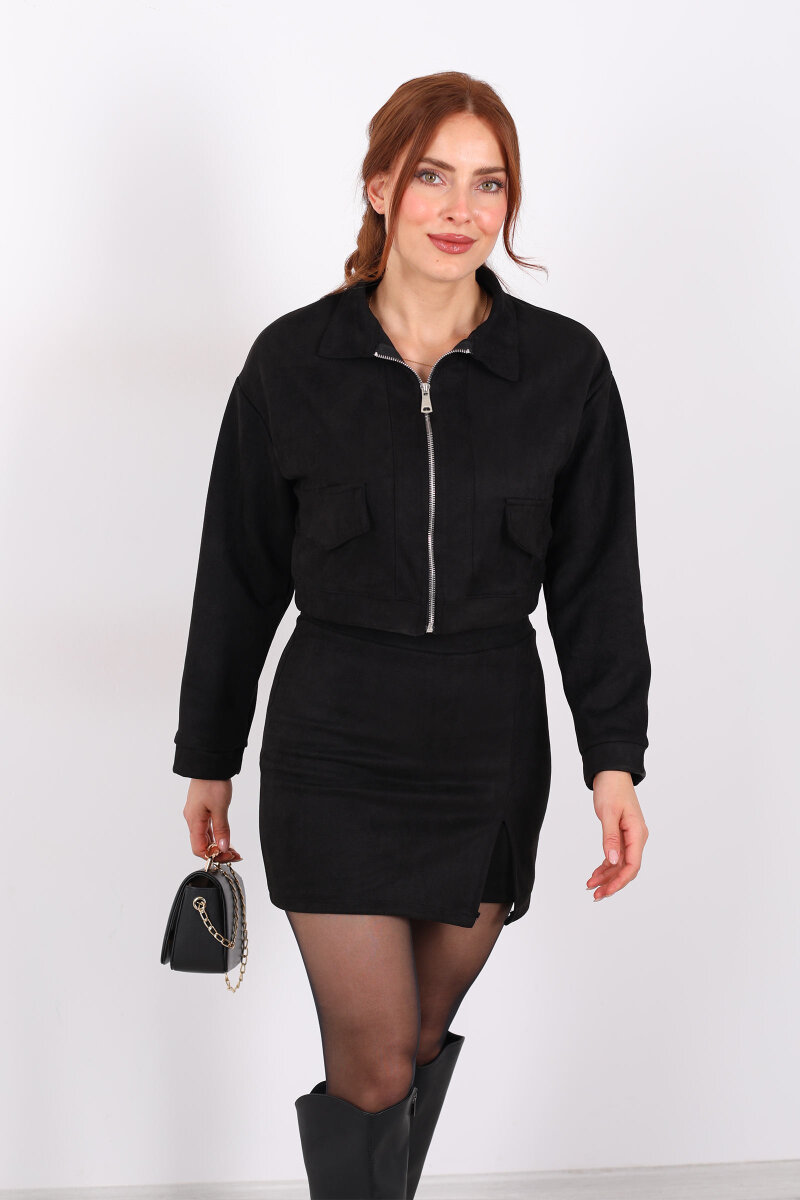 Fermuarlı Süet Siyah Kadın Ceket - 7