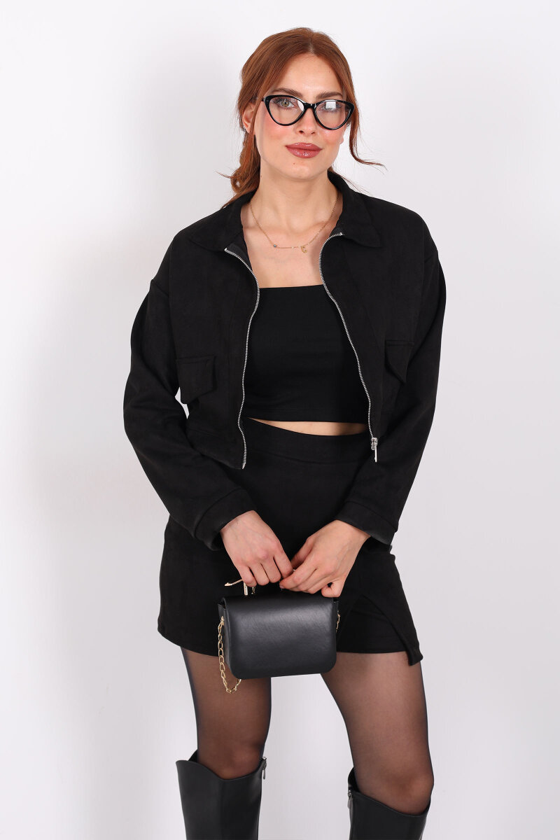 Fermuarlı Süet Siyah Kadın Ceket - 6