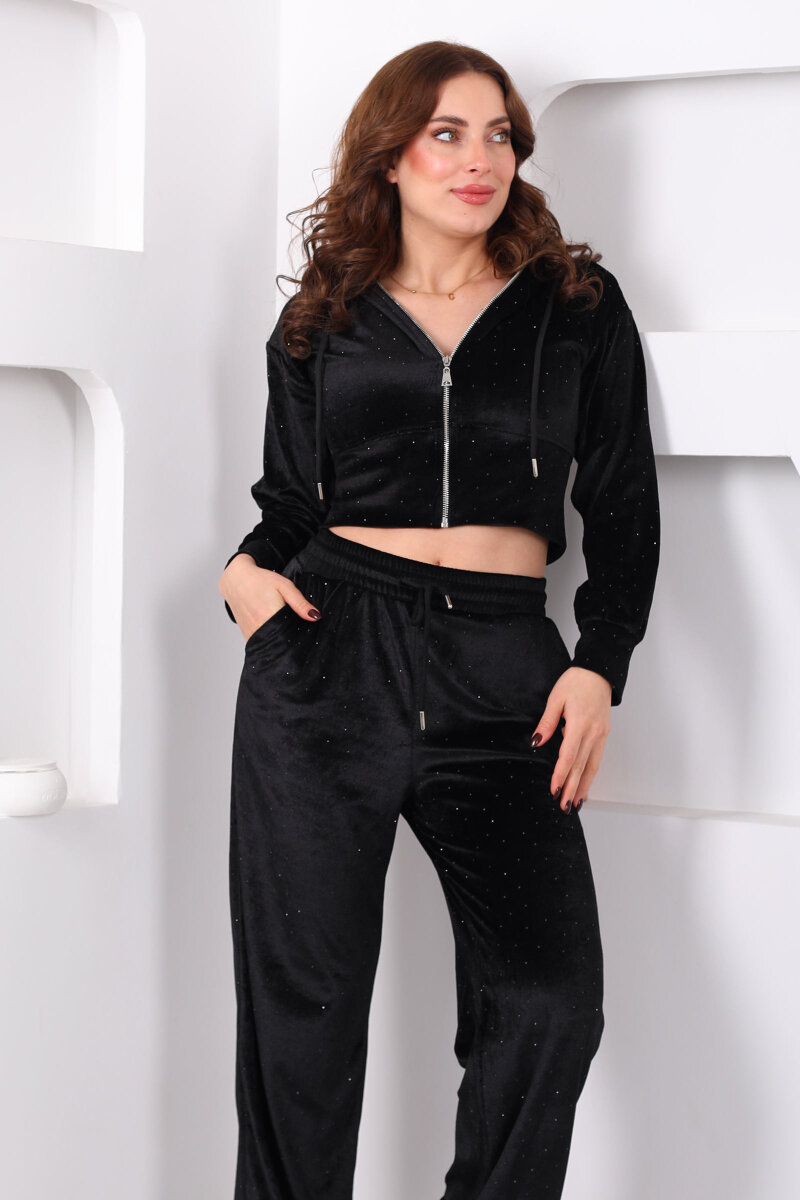 Fermuarlı Taşlı Ceket Pantolon Siyah Kadın Kadife Takım - 1