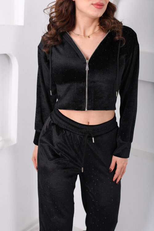 Fermuarlı Taşlı Ceket Pantolon Siyah Kadın Kadife Takım - Berox (1)