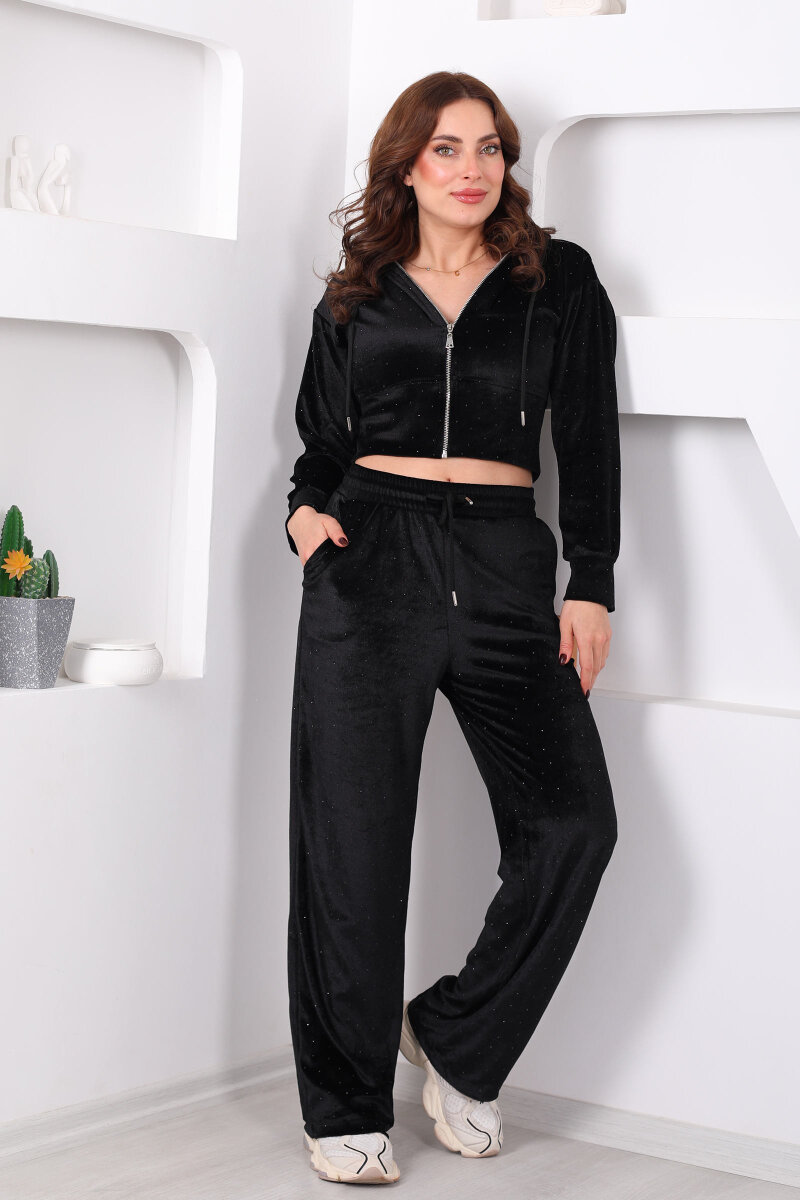 Fermuarlı Taşlı Ceket Pantolon Siyah Kadın Kadife Takım - 4
