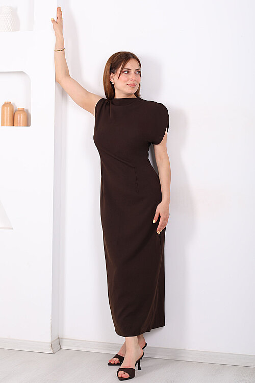 Fermuarlı Tek Kol Duble Maxi Acı Kahve Kadın Elbise - 5