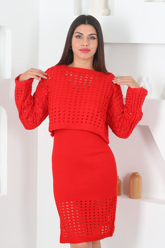 Fileli Kadın Kırmızı Triko Crop Elbise Takım - 5