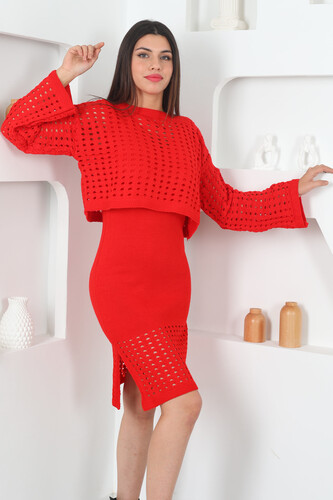 Fileli Kadın Kırmızı Triko Crop Elbise Takım - 3