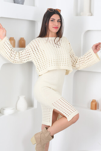 Fileli Kadın Taş Rengi Triko Crop Elbise Takım - 4